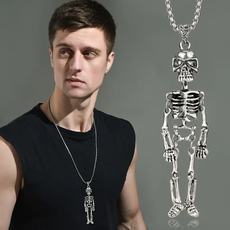 

Cool Big Whole Skeleton Necklace for Men Metal Limbs Movable Funny Pendant Punk Style Hip-hop Accessory Halloween Gift