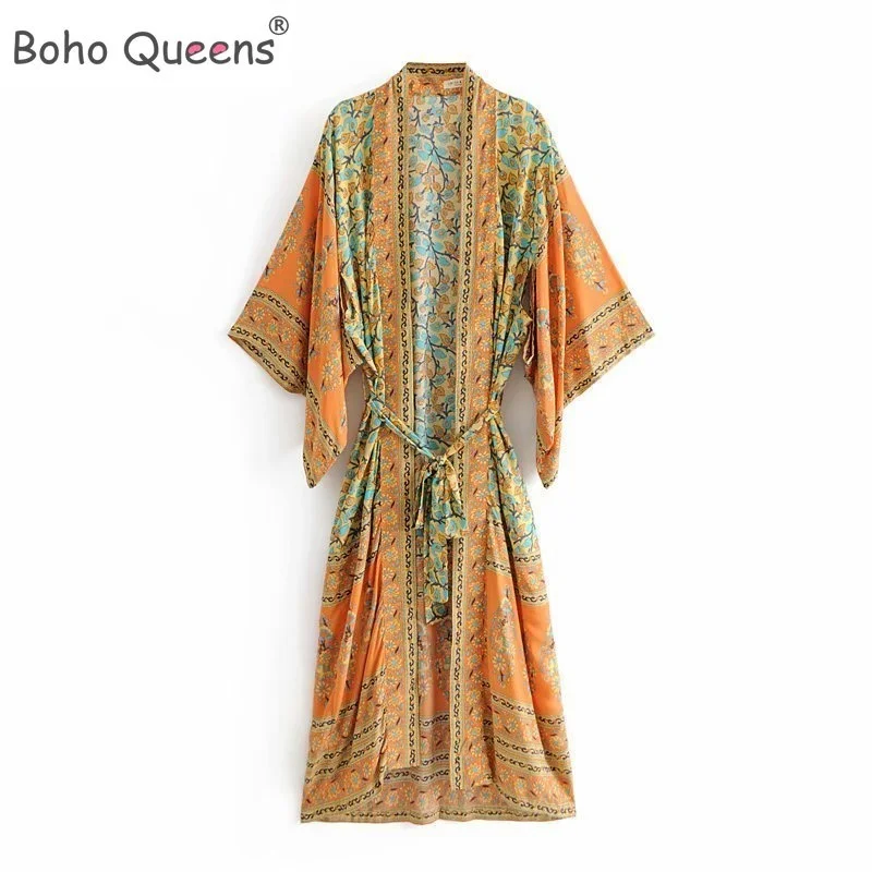 

Boho Queens Women Yellow Floral Print Sashes Kimono Ladies V Neck Batwing Sleeves Bohemian Maxi Dress Robe Cover-up