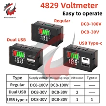 Type C USB DC8-30V/100V 4829 Car Battery Voltmeter Charge Level Indicator Lithium Battery Capacity Meter Tester LED Monitor