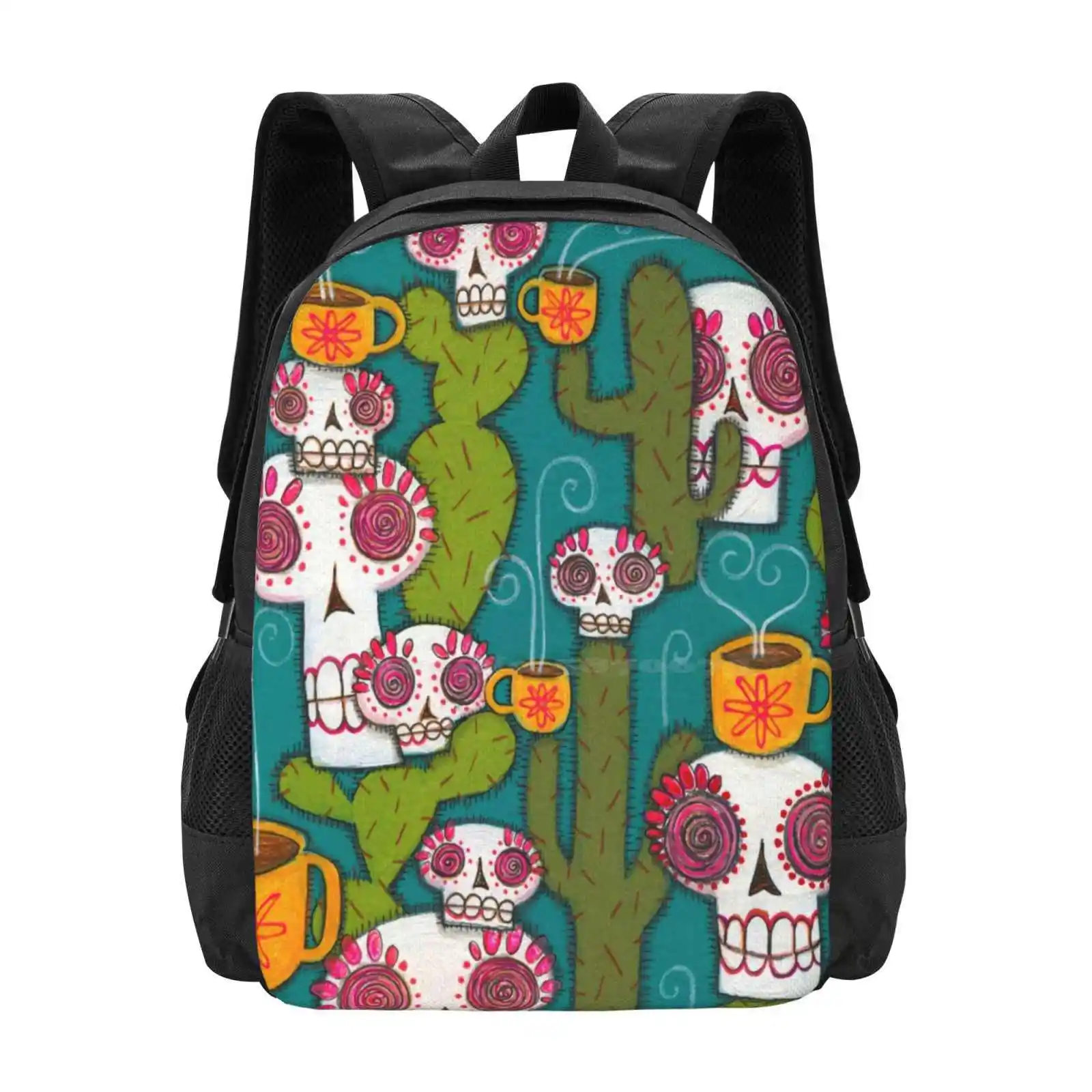 

Skulls , Cacti And Atomic Coffee Large Capacity School Backpack Laptop Bags Skeleton Sugar Skull Day Of The Dead Painting Folk