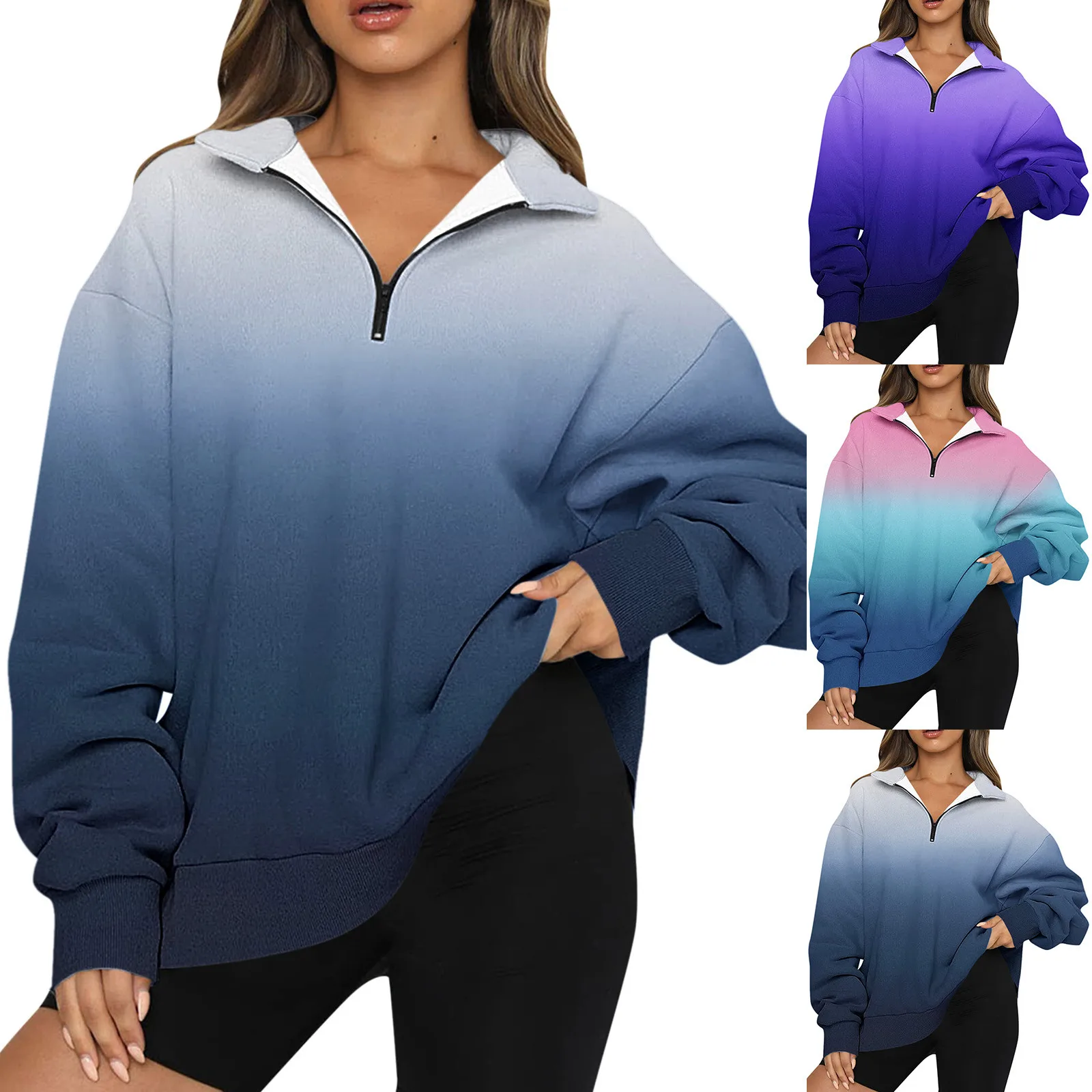 

Womens Oversized Half Zip Pullover Long Sleeve Gradient Sweatshirt Quarter Zip preppy style Japanese style Workout Running