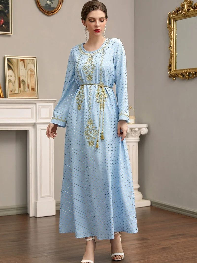 Embroidery Long Dress High Waist Crew Neck Belt Bronzing Dot Print Ethnic Korean Style Pullover Clothes Female Eid 2022
Embroidery Long Dress High Waist Crew Neck Belt Bronzing Dot Print Ethnic Korean Style Pullover Clothes Female Eid 2022