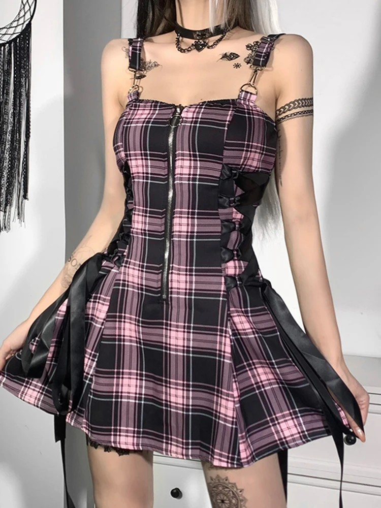

InstaHot Gothic High Waist Spaghetti Strap Plaid Mini Dress Women Mall Goth Grunge Punk Emo Sexy Party Zipper Dress Aesthetic