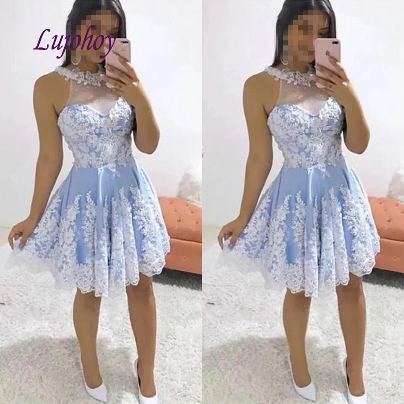 

Light Blue Lace Short Cocktail Dress Party Little Ladies Girl Women Sexy Prom Homecoming Graduation Semi Formal Gown