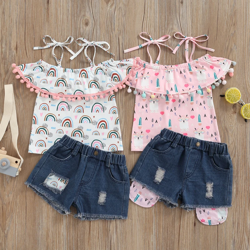 Toddler Baby Girl Ripped Denim Shorts Set Cartoon Rainbow Off Shoulder Tassels Shirts Casual Short Pants Outfit
Toddler Baby Girl Ripped Denim Shorts Set Cartoon Rainbow Off Shoulder Tassels Shirts Casual Short Pants Outfit
