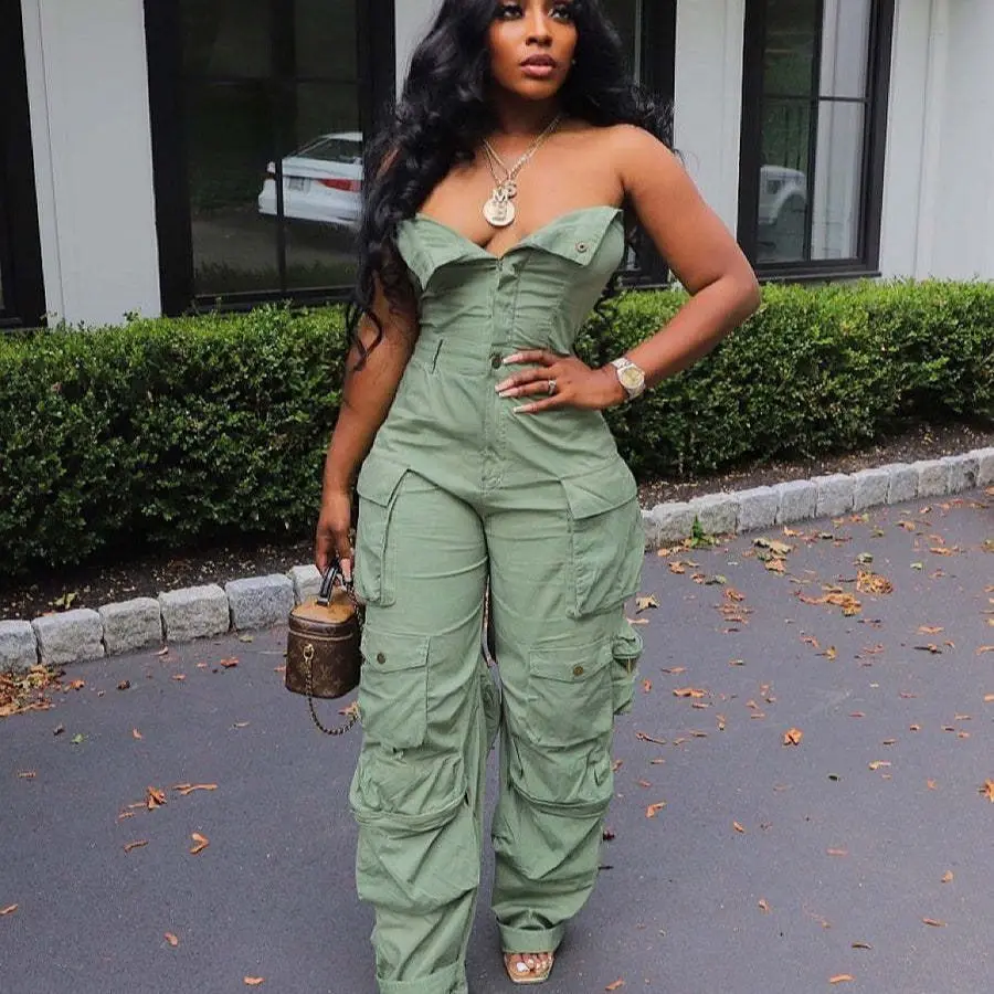 

Autumn 2023 Fashion Women Strapless Button Front Ruched Cargo Jumpsuit Sexy Party Street Playsuit One Piece Suit Romper