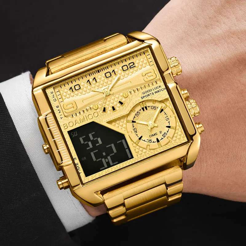 Gold Steel Sport Square Digital Analog Big Quartz Watch Top Brand Luxury Fashion Men Watches for Man Relogio Masculino
Gold Steel Sport Square Digital Analog Big Quartz Watch Top Brand Luxury Fashion Men Watches for Man Relogio Masculino