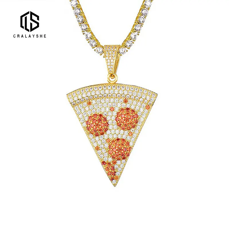 

Iced Out Bling 5A Pizza Personalised Solid Pendant Coloured Zirconia Hiphop Necklace Party Link Chain Jewelry