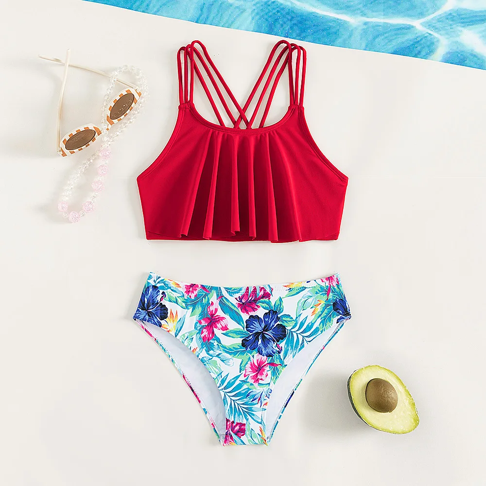 

Red Printed Teen Girls Swimwear Kids Two Piece Swimsuits with Split Ruffles Large Children's Swimsuit Sets Girl Beachwear