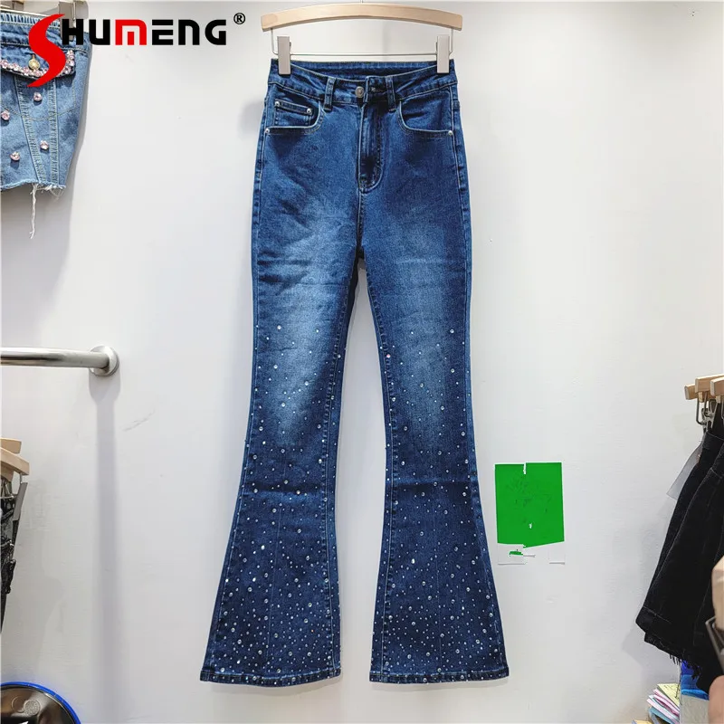 

Design Sense Heavy Embroidery Hot Drilling Dark Blue High Waist Skinny Flared Jeans for Women 2023 Autumn Slimming Denim Pants