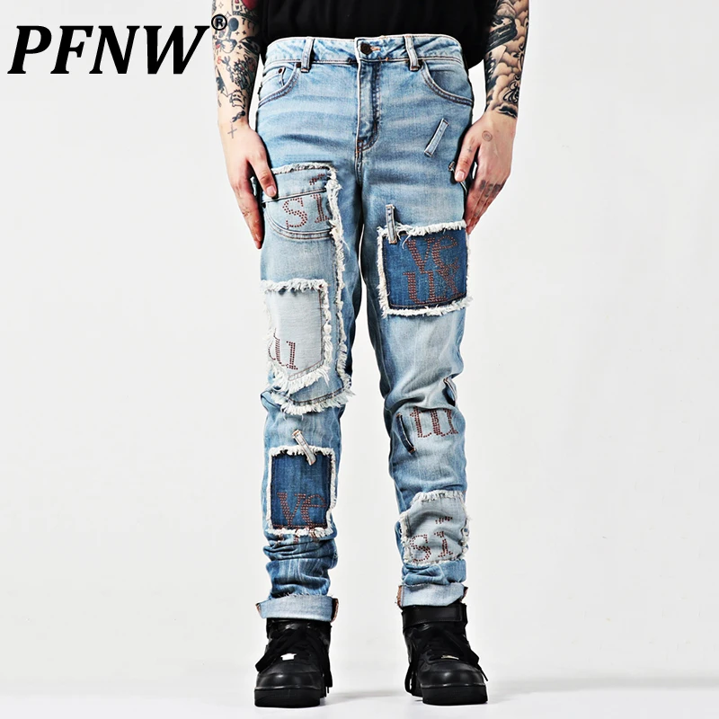 PFNW Spring Autumn New Men's Straight Slim Jeans High Street Hiphop Letter Hot Diamond Patchwork Niche Stylish Y2k Pants 28A3446 
PFNW Spring Autumn New Men's Straight Slim Jeans High Street Hiphop Letter Hot Diamond Patchwork Niche Stylish Y2k Pants 28A3446