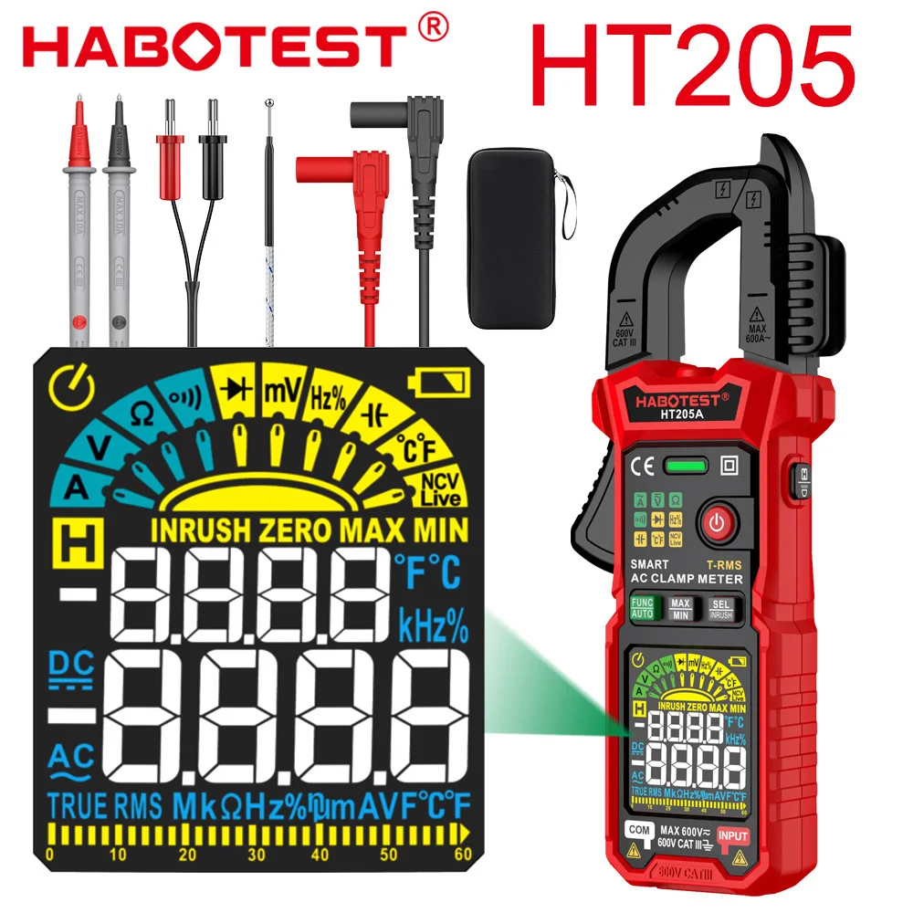 HT205 6000 Counts Digital Clamp Meter AC DC Current Auto Range Multimeter 600A Ammeter Voltage Tester Ohm Continuity Hz
HT205 6000 Counts Digital Clamp Meter AC DC Current Auto Range Multimeter 600A Ammeter Voltage Tester Ohm Continuity Hz