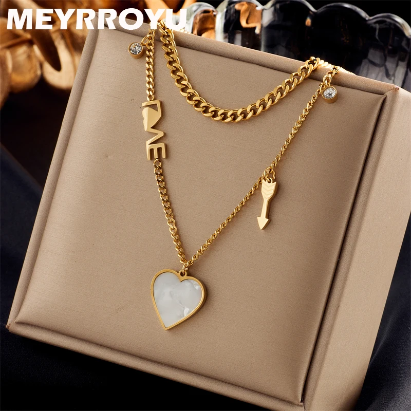

MEYRROYU 316L Stainless Steel Love Heart Key Pendant Chain Double Layers Necklace For Women Jewelry Party Gift Bijoux Femme