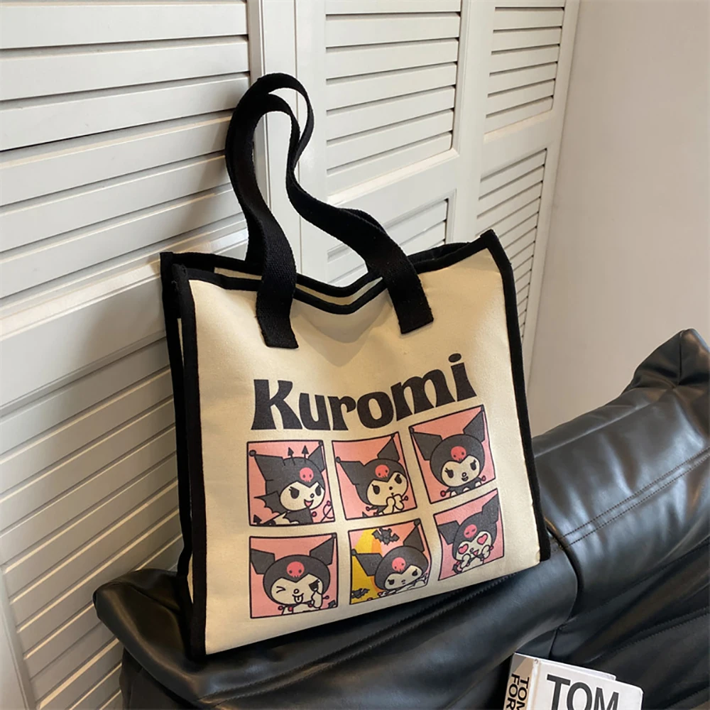 

Холщовая Сумка Kuromi Sanrio, мультяшная вместительная Повседневная Дамская сумочка-тоут, милый дорожный чемоданчик