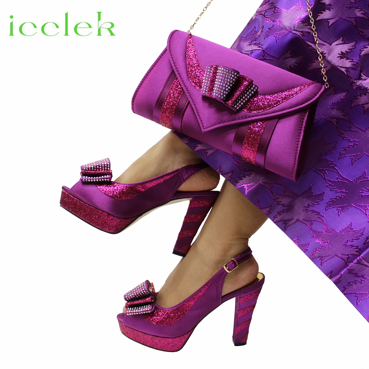 

Magenta Latest Elegant Style Peep Toe Decorated With Butterfly Design Banquet Women's Shoes And Bag Set for Wedding Party