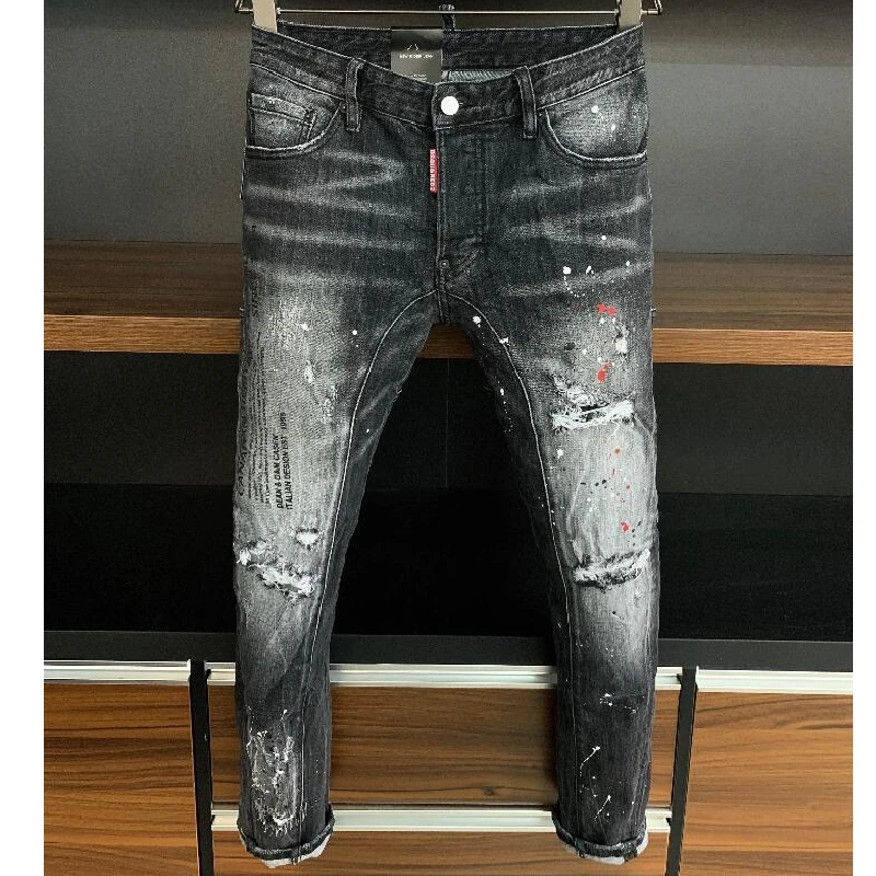 

Dsquared2 Women's/Men's Ink Jet Scratched Ripped Letter Print Hole Fashion Pencil Pants Jeans A381#
