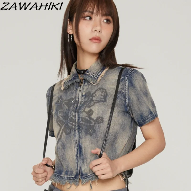Y2K Aesthetic Graphic Print Denim Short Sleeve T Shirt Women Summer New Washed Vintage Frayed Zip-up Slim Turn-down Collar Top
Y2K Aesthetic Graphic Print Denim Short Sleeve T Shirt Women Summer New Washed Vintage Frayed Zip-up Slim Turn-down Collar Top
