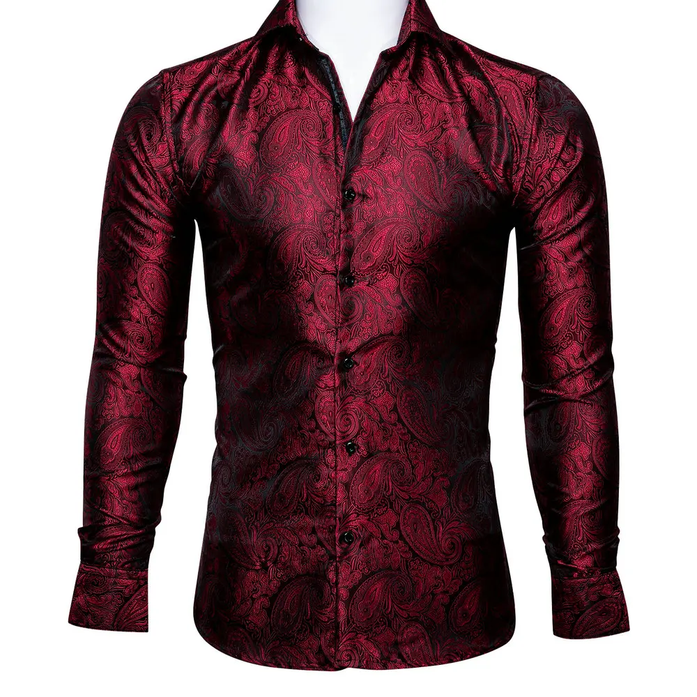 

Lapel Wine Red Paisley Long Sleeve Fashion Men Shirt Exquisite Polyester Leisure Business Wedding Birthday Designer Barry.Wang