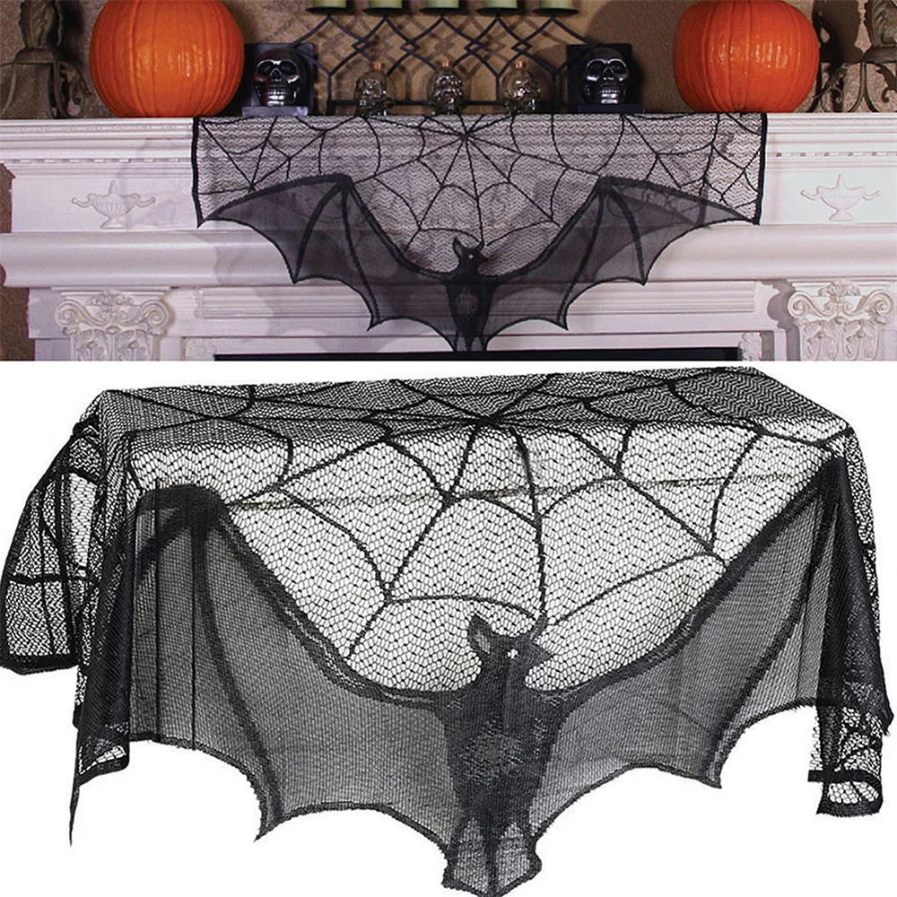 

Halloween Bats Curtains Decoration Black Lace Spider Web Holiday Stove Towel Lampshade Fireplace Cloth Decor for Spooky Festival