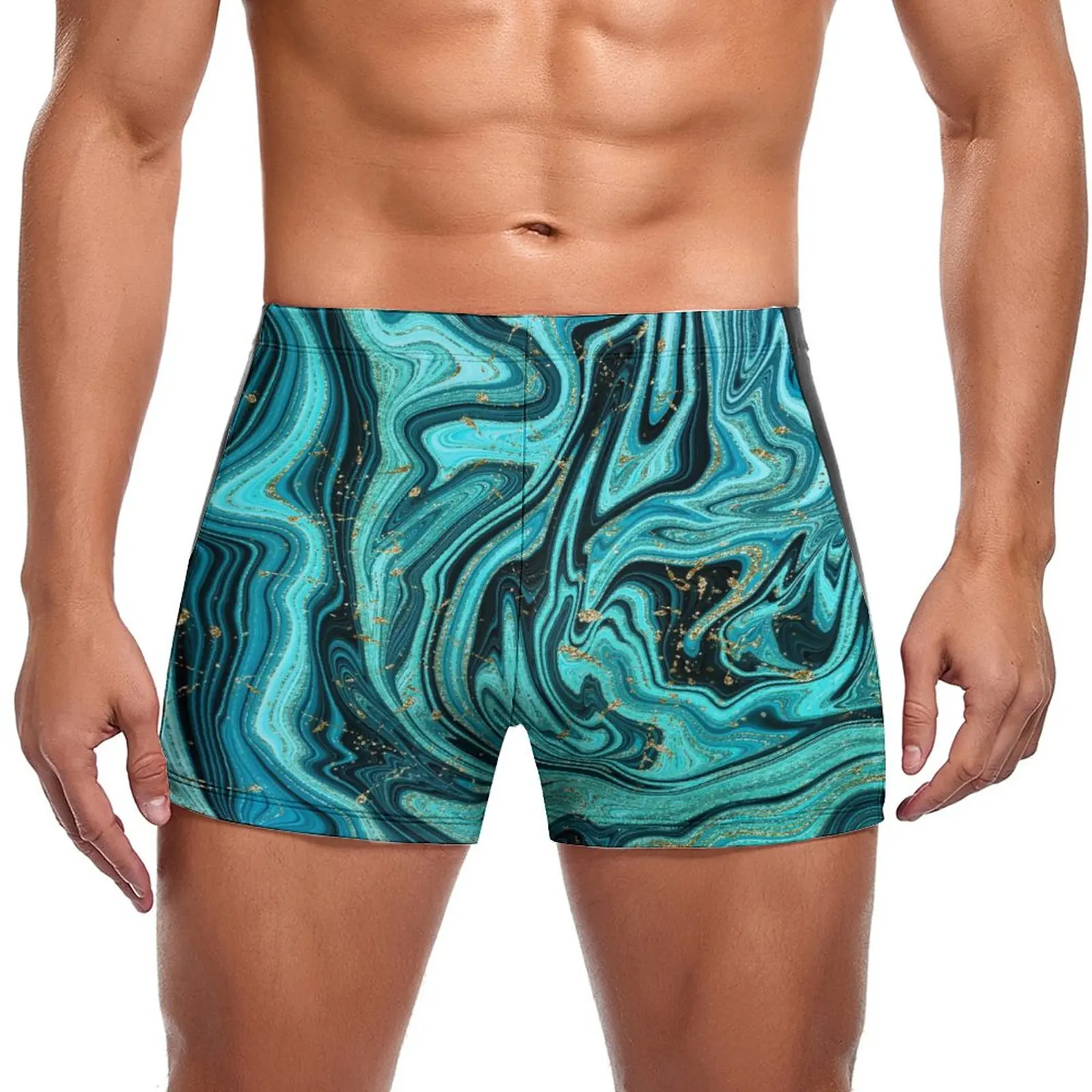 

Swirl Marble Abstract Swimming Trunks Teal Blue Gold Quick Dry Trending Swim Boxers Push Up Pool Man Swimwear