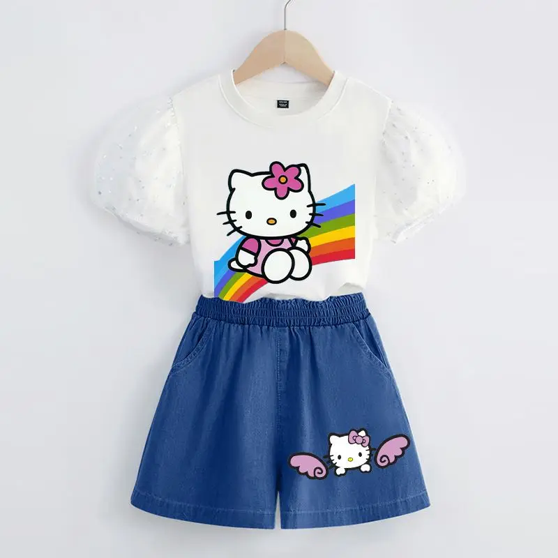 Kawaii Sanrio Hello Kitty Cute Cartoon Summer Children's Sleeve Cotton T-Shirt Denim Shorts Student Casual Clothes 2-Piece Suit
Kawaii Sanrio Hello Kitty Cute Cartoon Summer Children's Sleeve Cotton T-Shirt Denim Shorts Student Casual Clothes 2-Piece Suit