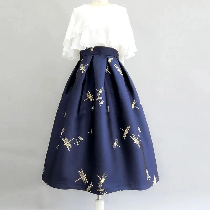 

Autumn and Winter Hepburn Vintage Women Elegant Purple Leaves Print Jacquard High Waist Long Midi Pleated Skirt Faldas Mujer Mod