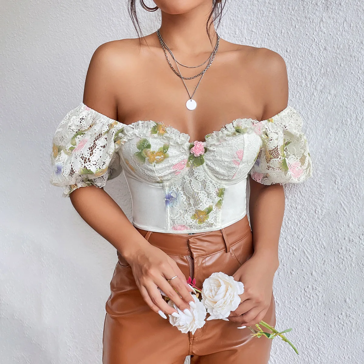 

French Bubble Sleeve T-shirt To Wear Out Sexy Floral Crop Top Tank Lace Up Women Flower Camisole Slim Waist Streetwear