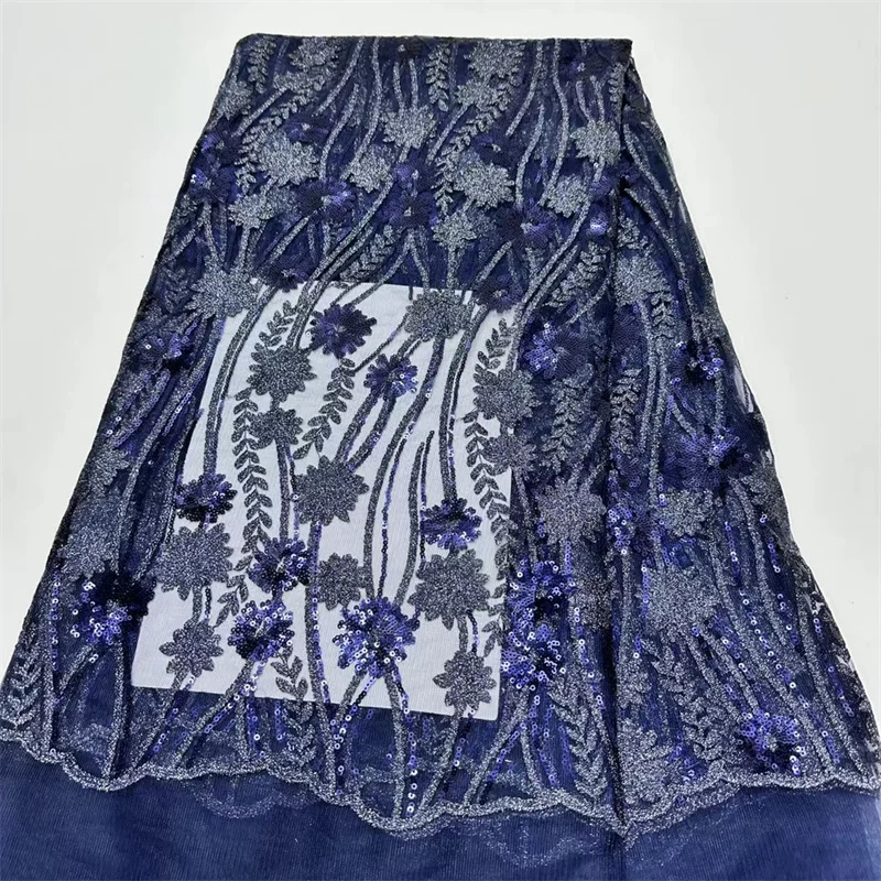 

Темно-синее кружево, высокое качество, Африканское кружево, ткань 2024, французская сетка, блестки, ткань для шитья, Фототюль, нигерийское платье, 5 ярдов