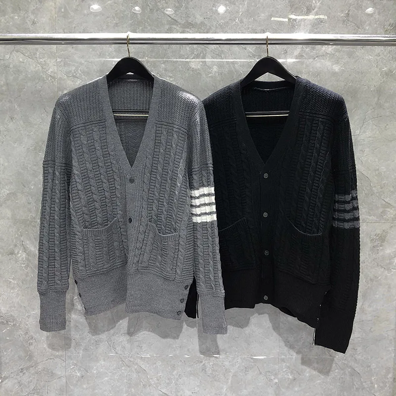 TB THOM Men's Cardigan New Classic Merino V-neck Sweater With Bar Stripe Sleeve Design Korean Fashion Winter Coat For Women
TB THOM Men's Cardigan New Classic Merino V-neck Sweater With Bar Stripe Sleeve Design Korean Fashion Winter Coat For Women