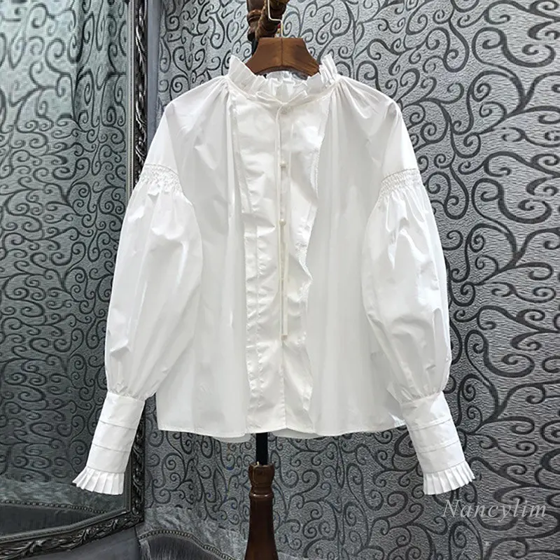 French Style Pleated Ruffled Lantern Sleeve Shirt Women's 2023 Spring Autumn Temperament Solid Color Loose White Cotton Blusas
French Style Pleated Ruffled Lantern Sleeve Shirt Women's 2023 Spring Autumn Temperament Solid Color Loose White Cotton Blusas