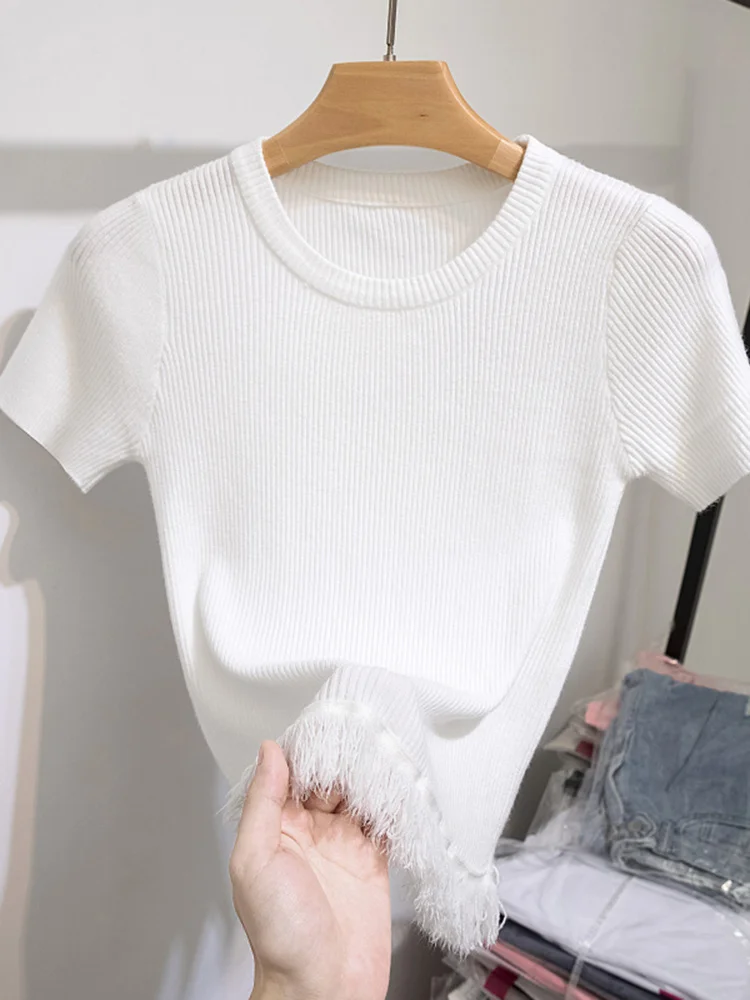 Hot Sale 2023 Fashion Tassel Women Pullover Tops Summer Knitted O-neck Short Sleeve Sweater Female Cuaual Solid Slim Bodycon Sw
Hot Sale 2023 Fashion Tassel Women Pullover Tops Summer Knitted O-neck Short Sleeve Sweater Female Cuaual Solid Slim Bodycon Sw