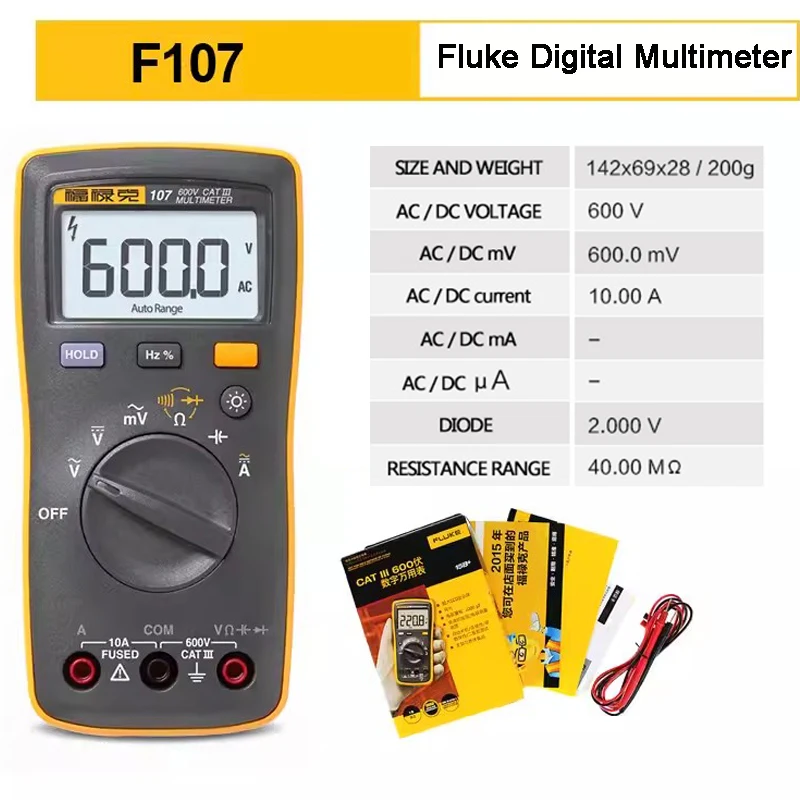 

Fluke 107 AC/DC Current Handheld Digital Multimeter Auto Range With Ohm, Capacitance, Hz Measurement