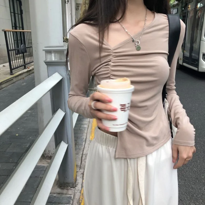 

Deeptown Korean Style Asymmetrical Khaki Crop T-shirts Women Y2k Aesthetic Folds White Long Sleeve Tee Coquette Sexy Corset Tops
