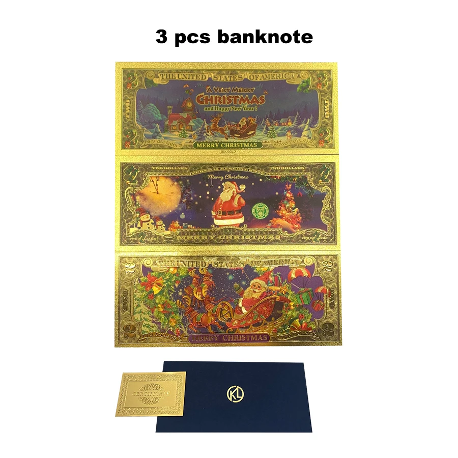 3 designs Merry Christmas Metal Gold Foil Banknotes Colorful USD 2 Dollar Golden Banknote Business Promotion Gift
3 designs Merry Christmas Metal Gold Foil Banknotes Colorful USD 2 Dollar Golden Banknote Business Promotion Gift