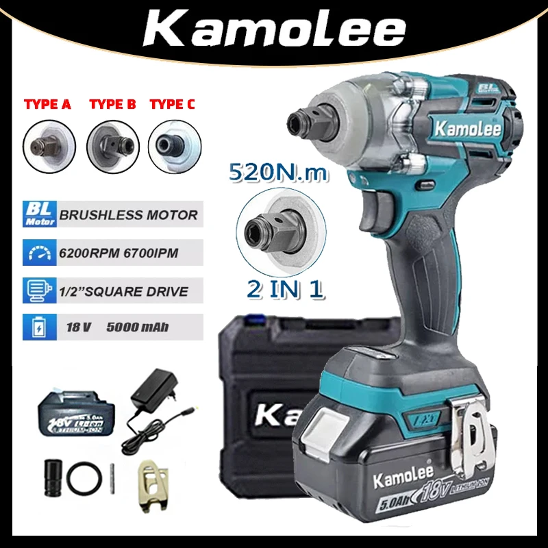 Kamolee 520N.M Brushless Cordless Electric Impact Wrench 1/2 inch Power Tools Lithium ion Battery Compatible Makita 18V Battery
Kamolee 520N.M Brushless Cordless Electric Impact Wrench 1/2 inch Power Tools Lithium ion Battery Compatible Makita 18V Battery