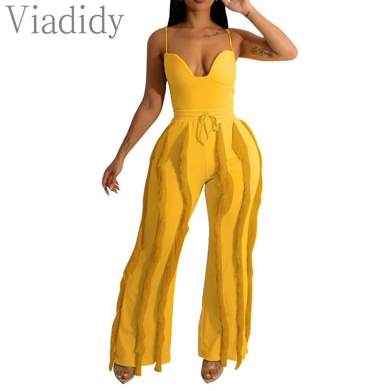Women Sexy Solid Color Spaghetti Strap Top and High Waist Tassels Decor Pants 2pcs Set
Women Sexy Solid Color Spaghetti Strap Top and High Waist Tassels Decor Pants 2pcs Set