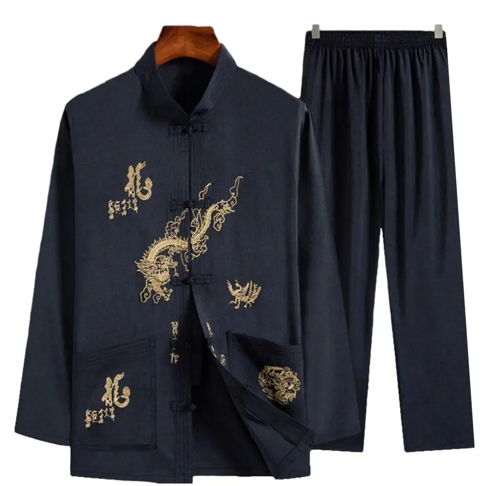 

Костюм мужской китайский с принтом дракона, рубашка и брюки в китайском стиле Тан, дышащая одежда для тренировок свободного кроя