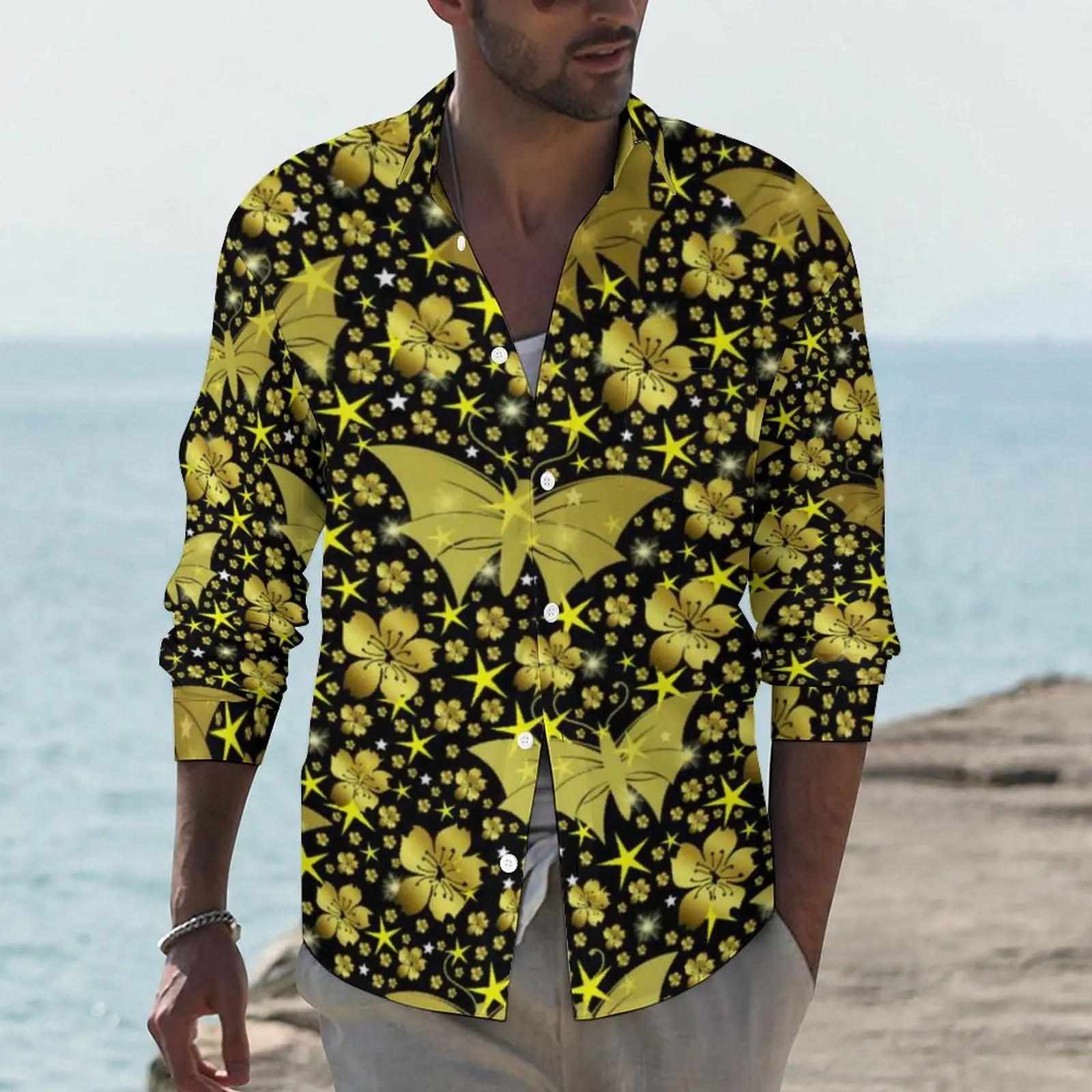 Gold Bright Metallic Shirt Man Shiny Butterflies Casual Shirts Spring Streetwear Design Blouses Long Sleeve Vintage Oversize Top 
Gold Bright Metallic Shirt Man Shiny Butterflies Casual Shirts Spring Streetwear Design Blouses Long Sleeve Vintage Oversize Top