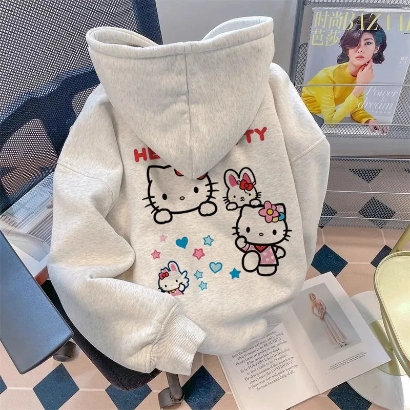 Креативная новая толстовка с капюшоном принтом Kawaii Hello Kitty осенне-зимняя теплая