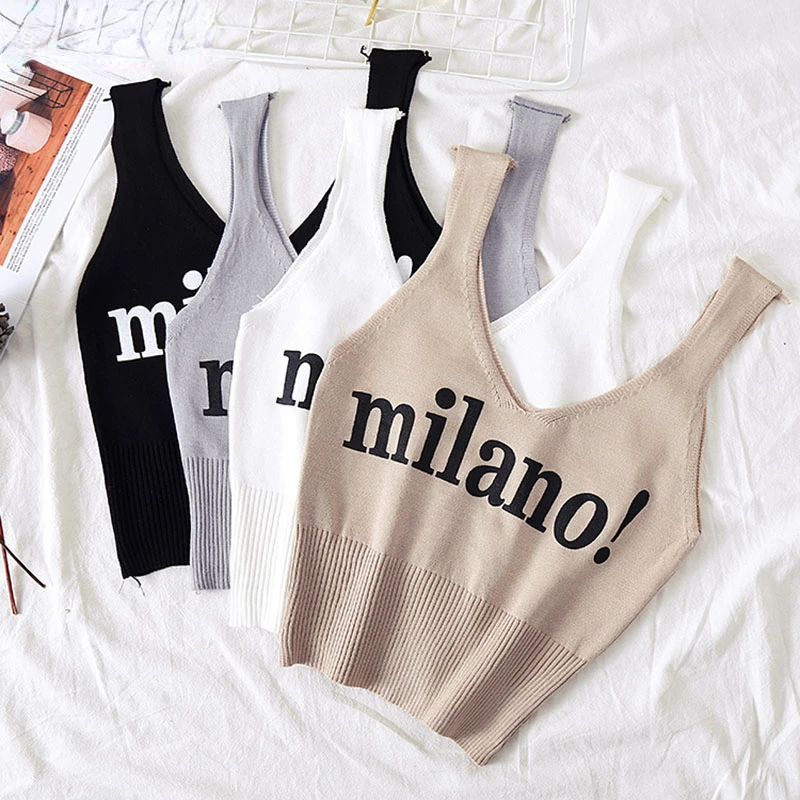 Tops Women Sexy Crop Tops Deep V-Neck Lettering milano! Camis Lady Slim Night Club Knitted Crop Tops For Women Summer traf
Tops Women Sexy Crop Tops Deep V-Neck Lettering milano! Camis Lady Slim Night Club Knitted Crop Tops For Women Summer traf