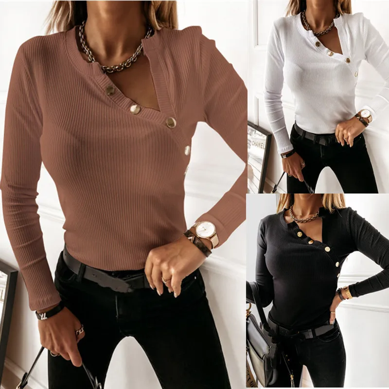 Tops women's solid color autumn and winter casual long-sleeved V-neck button pit strip tops slim high street party tops T-shirts
Tops women's solid color autumn and winter casual long-sleeved V-neck button pit strip tops slim high street party tops T-shirts