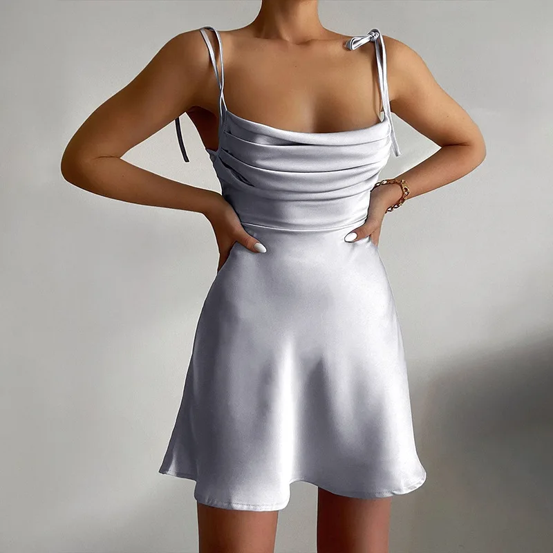 Summer Sexy Satin Folds sling straps Mini Dress Sleeveless Backless Party Club Streetwear Casual Female Clothing Elegant dresses
Summer Sexy Satin Folds sling straps Mini Dress Sleeveless Backless Party Club Streetwear Casual Female Clothing Elegant dresses