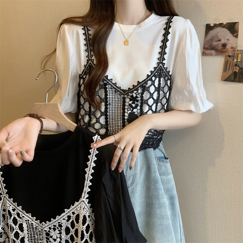 

2023 Summer Korean Chic Sweet Gentle Design Sense Niche Lace Suspender Vest Temperament Puff Sleeve Shirt Two-Piece Sets