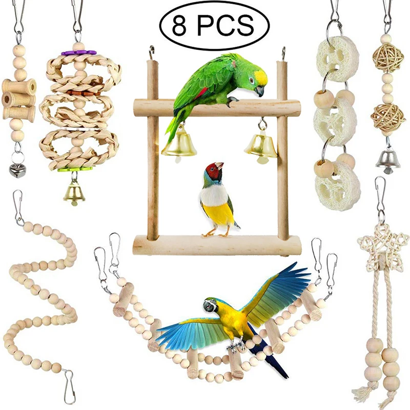 

8Pcs/Set Bird Parrot Swing Hanging Toy Wood Bell Bird Cage Toys For Parrots Parakeets Cockatiels Finches Budgie Parrot