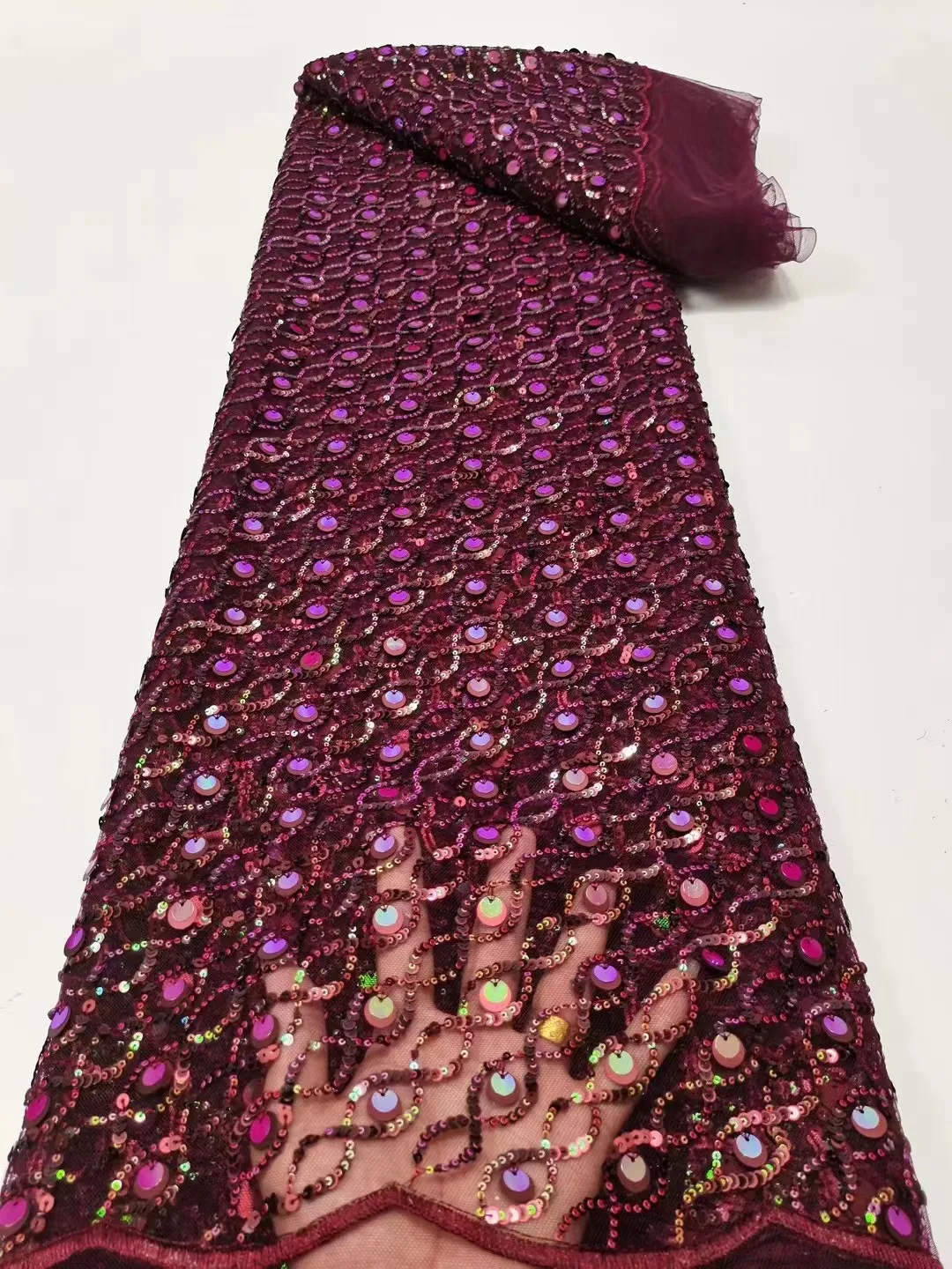 

2023 винная нигерийская кружевная ткань с 3D блестками, Высококачественная французская кружевная ткань из бисера, африканская Тюлевая кружевная ткань для свадебного пришивания
