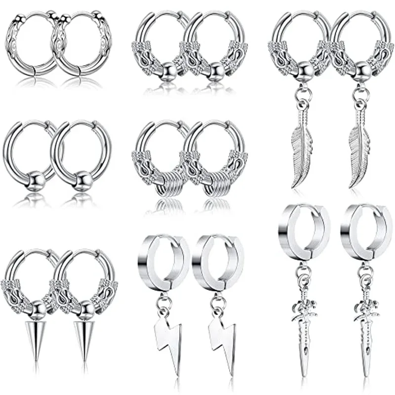 Серьги-кольца Huggie из нержавеющей стали для мужчин и женщин, набор гипоаллергенных винтажных сережек в стиле панк, хип-хоп, с перьями, 8 пар 
Серьги-кольца Huggie из нержавеющей стали для мужчин и женщин, набор гипоаллергенных винтажных сережек в стиле панк, хип-хоп, с перьями, 8 пар