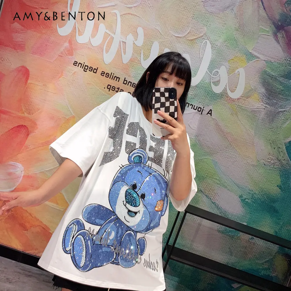 Summer Fashion Brand T-shirt Hot Rhinestone Blue Cartoon Loose Tops Women's Heavy Work Casual Short Sleeve Cotton Oversize Tops
Summer Fashion Brand T-shirt Hot Rhinestone Blue Cartoon Loose Tops Women's Heavy Work Casual Short Sleeve Cotton Oversize Tops
