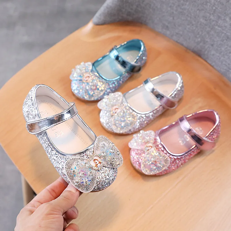 

Disney Frozen Elsa Princess Designer Crystal Flat Shoes Kids Bow Tie Bling Slip on Baby Girls Shoes Child Flats Gift