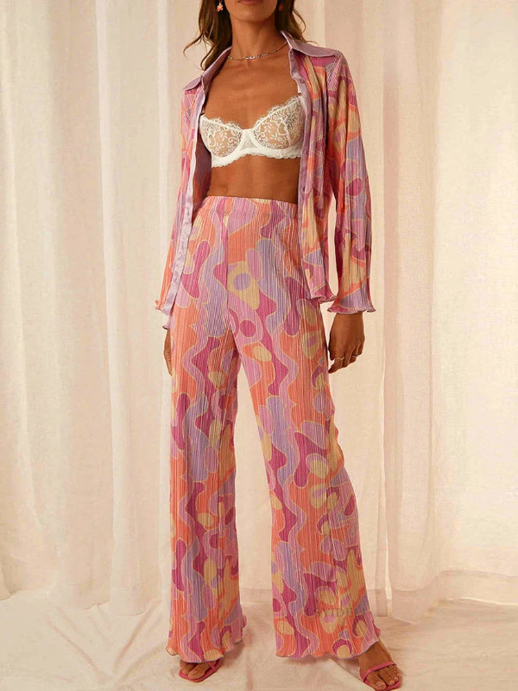Print Pleated Suit Women Lapel Long Sleeve Shirt Top And High Wasit Pants Set Elegant Casual Pants Outfits Two Piece Set
Print Pleated Suit Women Lapel Long Sleeve Shirt Top And High Wasit Pants Set Elegant Casual Pants Outfits Two Piece Set