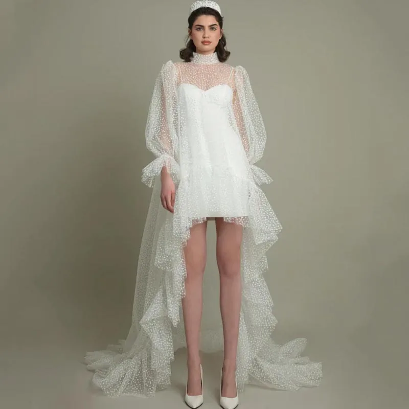 High Neck Long Sleeve High-Low Tulle Dress Off White Women Clothing With Dot Ruffles Elegant Dresses For Wedding Party Customize
High Neck Long Sleeve High-Low Tulle Dress Off White Women Clothing With Dot Ruffles Elegant Dresses For Wedding Party Customize